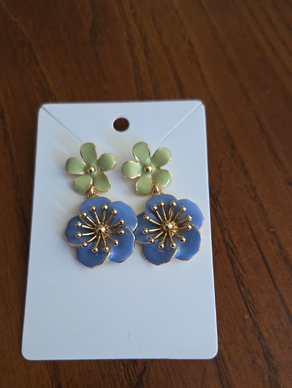 Gold-Trim Blue & Light Green Floral Drop Earrings - Women Jewelry